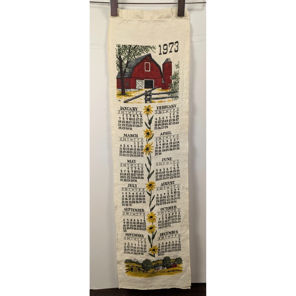 Vintage 1973 Calendar Tea Towels Lot 2 Farmhouse Barn Bless This House Linen